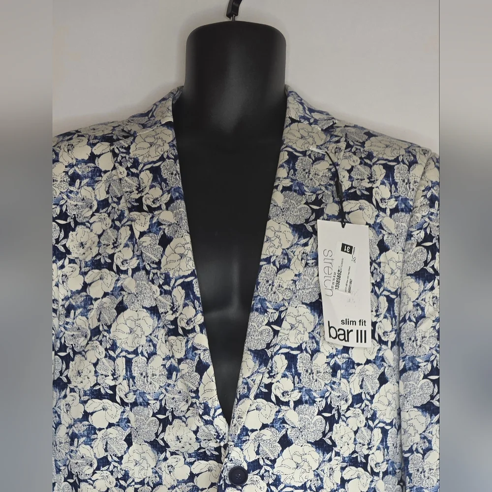 BAR III Mens Navy Single Breasted Floral Blazer Sport Coat Size 42R NWT BZ-3208